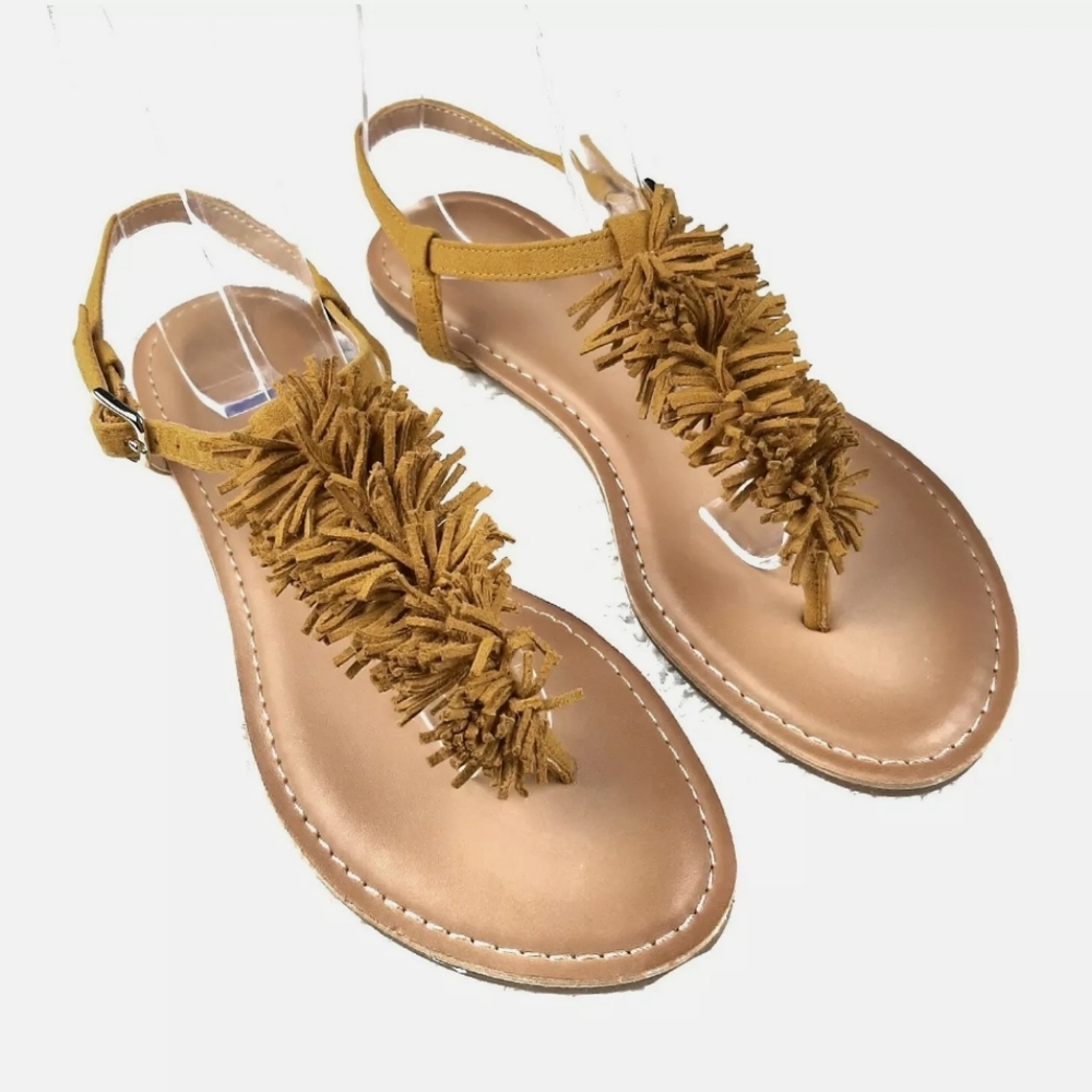 Old Navy Faux Suede Fringe Sandals Mustard Yellow - Picture 1 of 10